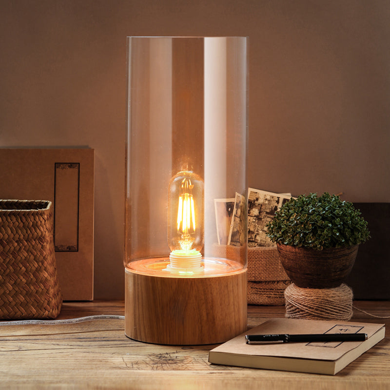 Lampe de table élégante cylindrique à base en bois