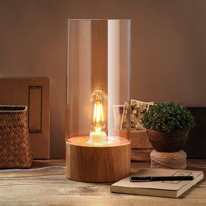 Lampe de table élégante cylindrique à base en bois