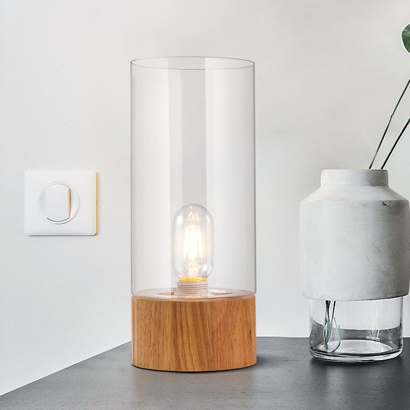 Lampe de table élégante cylindrique à base en bois