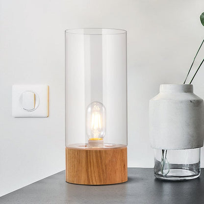 Lampe de table élégante cylindrique à base en bois