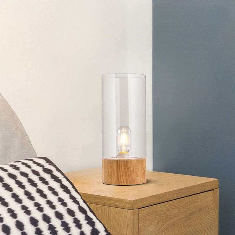 Lampe de table élégante cylindrique à base en bois