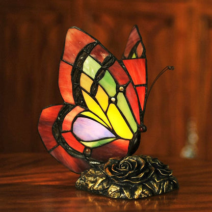 Lampe de table en résine florale victorienne rouge avec papillon