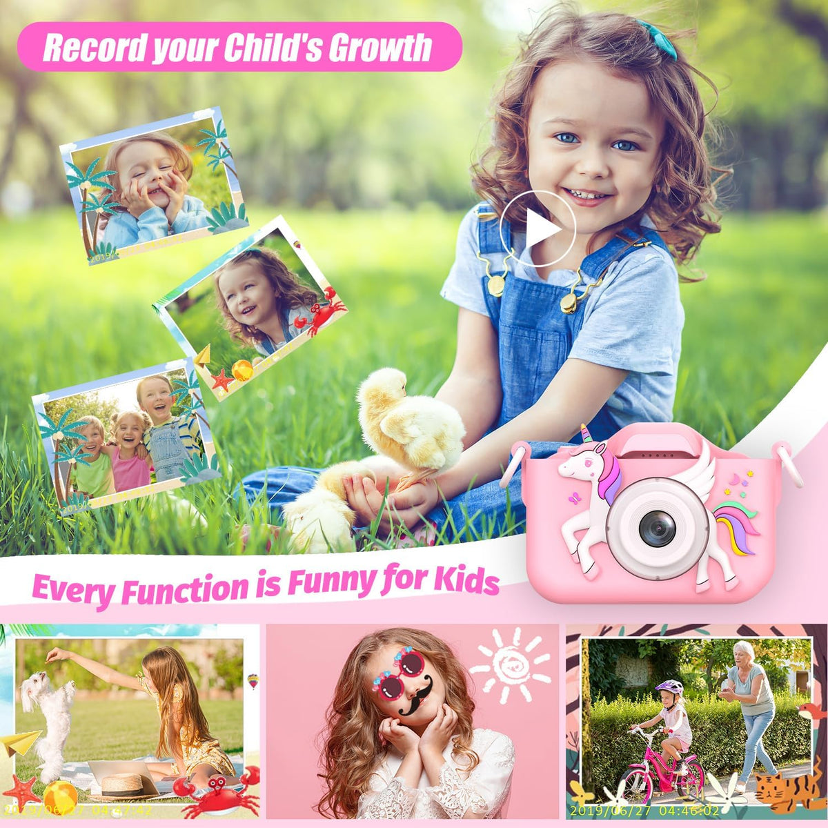 Appareil photo numérique 1080p à design licorne pour enfant