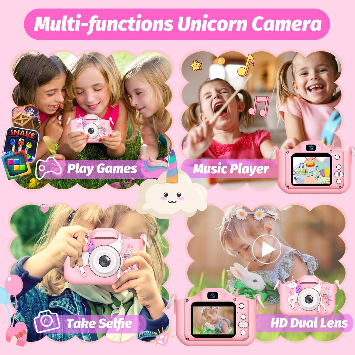 Appareil photo numérique 1080p à design licorne pour enfant