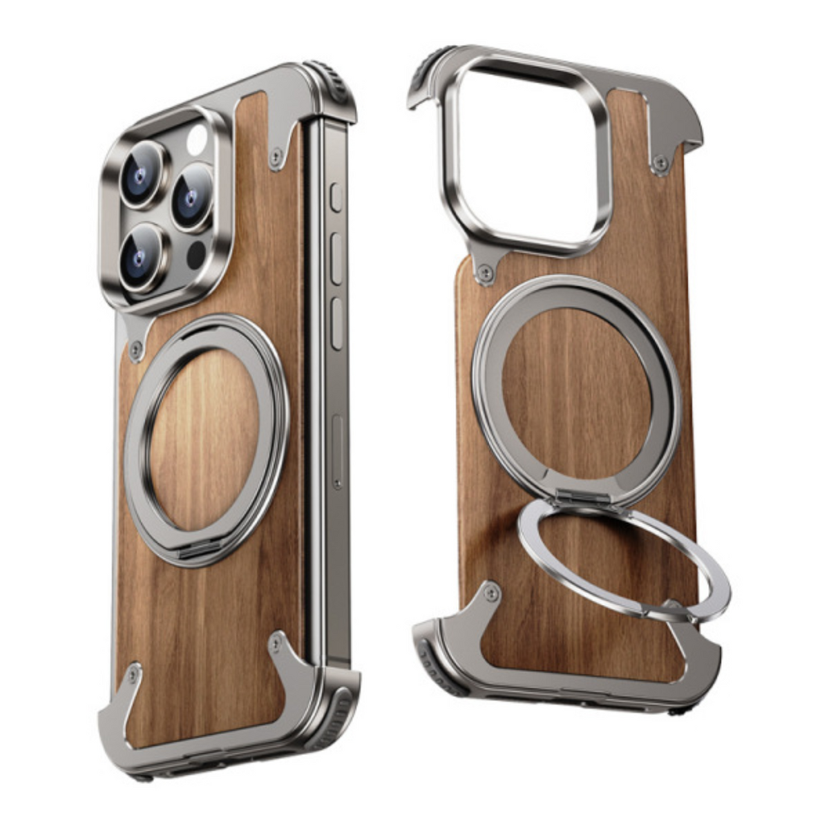 Coque de téléphone rigide en bois massif à support rotatif