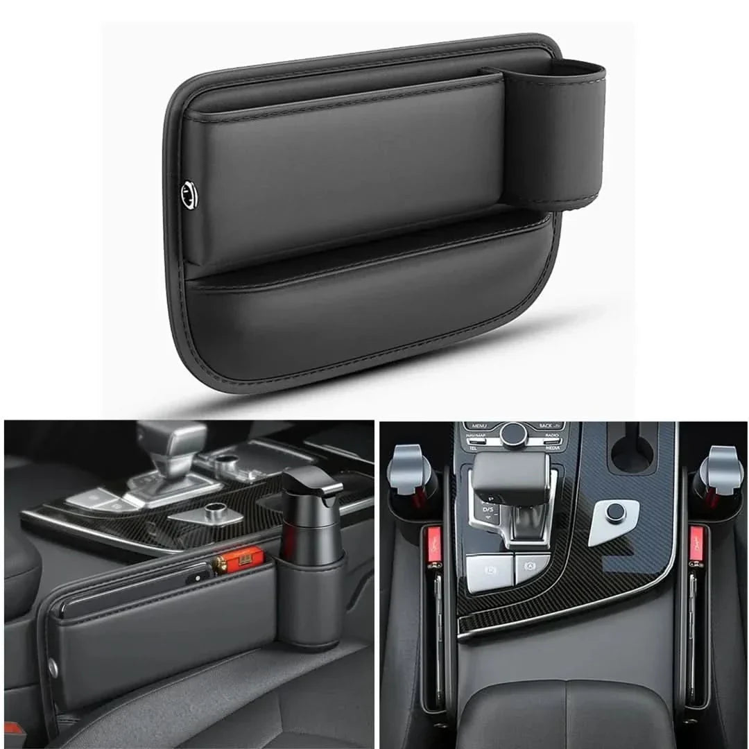 Organisateur de siège de voiture en cuir avec porte-gobelet noir