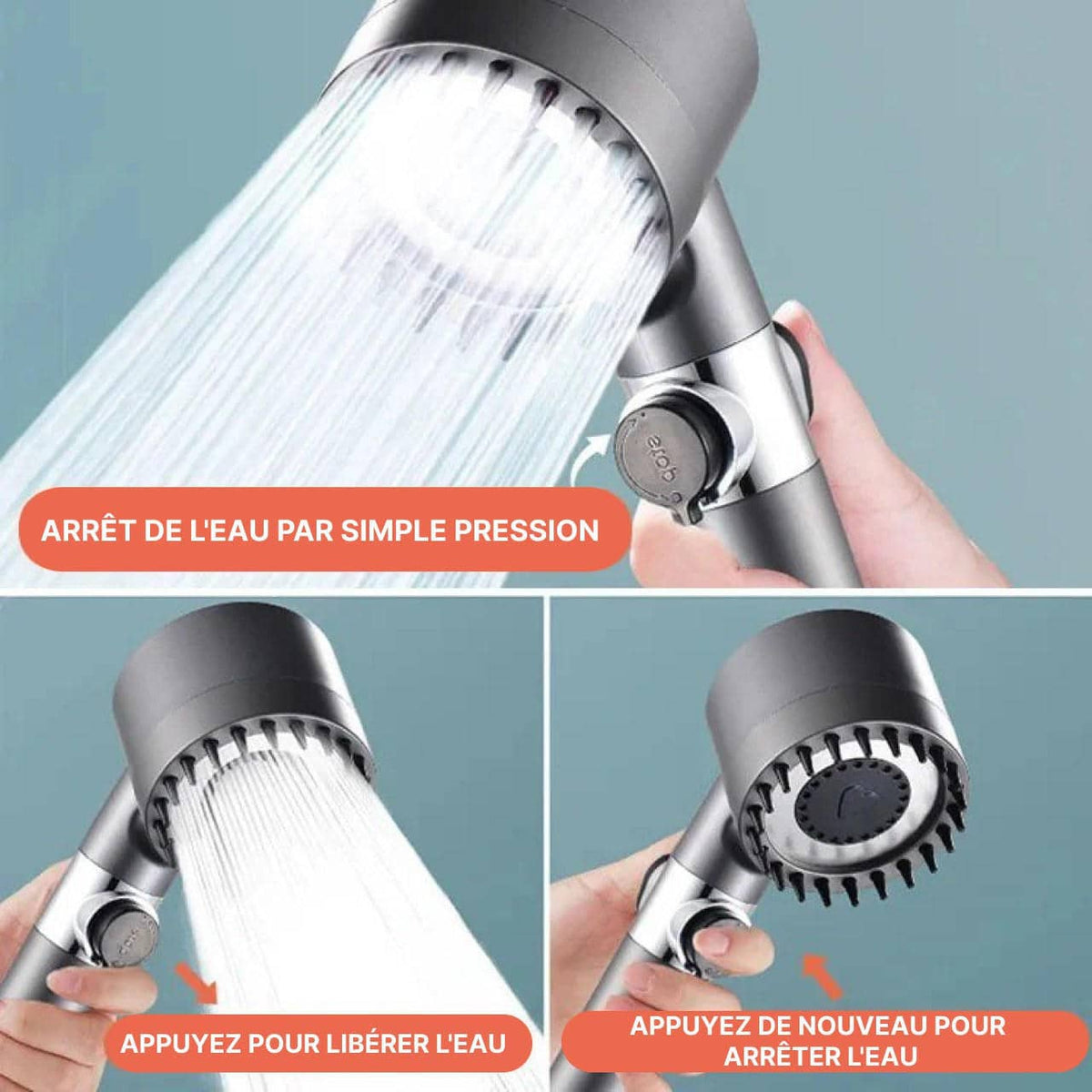 Pommeau de douche économique haute pression 4 fonctions gris